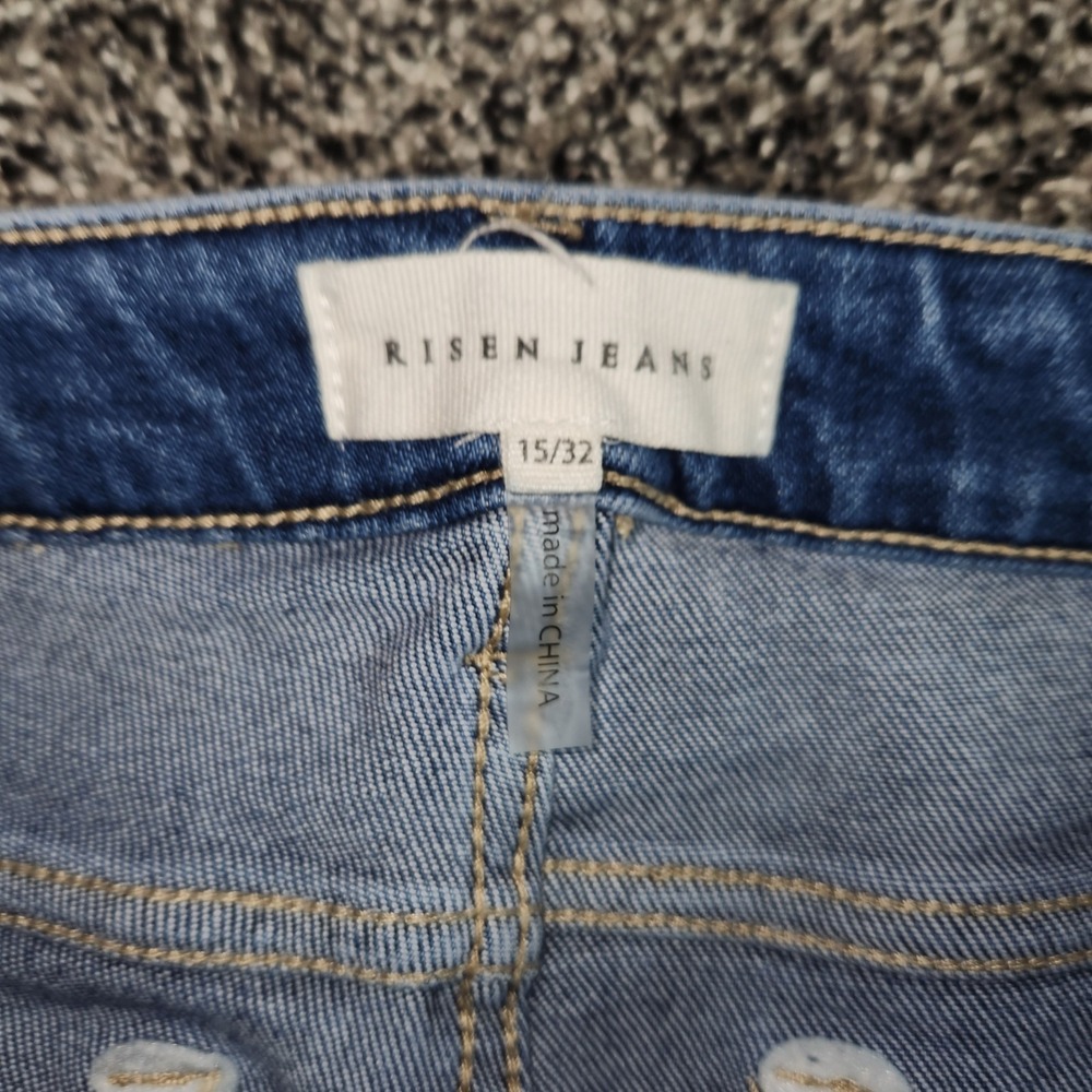 Risen Hi Rise Straight Leg Jeans Faded Front Stretch Rawhem Frayed Womens 15/32 - Picture 3 of 8
